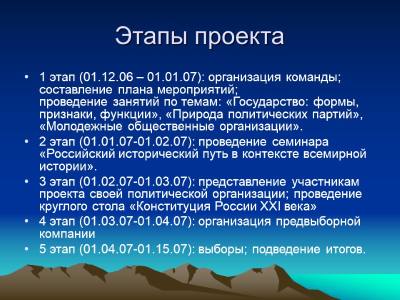 Этапы проекта 1 этап (01.12.06 – 01.01.07): организация команды; составление плана мероприятий; проведение занятий